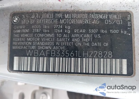 2001 BMW X5 4.4I z USA, uszkodzony, nr VIN WBAFB33561LH22828